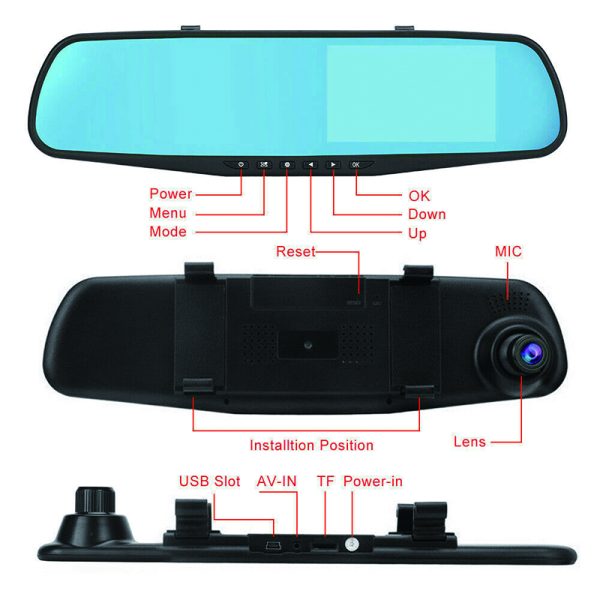 1080P Rear View Reversing Mirror 4.3” Front And Rear DVR Car Dash Camera Dual Lens