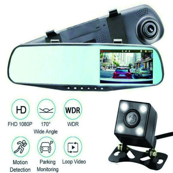 1080P Rear View Reversing Mirror 4.3” Front And Rear DVR Car Dash Camera Dual Lens