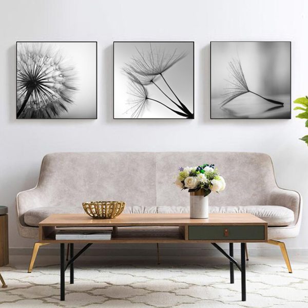 50cmx50cm Botanical dandelions 3 Sets Black Frame Canvas Wall Art