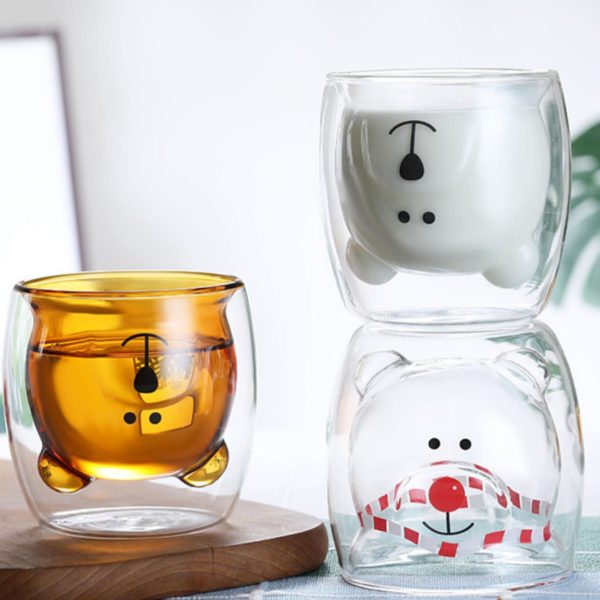 2pcs Cute Mugs Double Wall Insulated Glasses for Juice Coffee Tea Milk – Holiday Bear