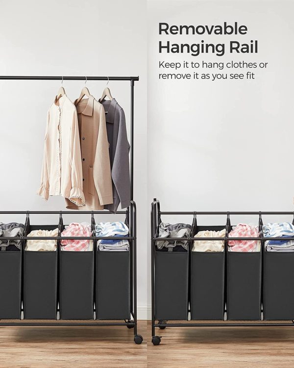SONGMICS 4-Bag Laundry Sorter Rolling Cart with Hanging Bar Heavy-Duty Wheels Black RLS44B