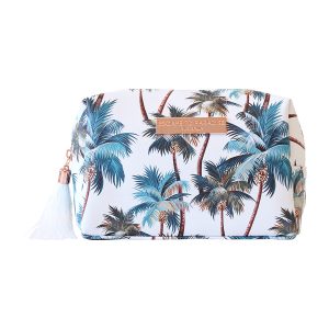 Saffiano Rectangle Boxy Cosmetic Bag-Palm Trees White