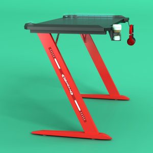 RGB Gaming Desk Home Office Carbon Fiber Led Lights Game Racer Computer PC Table Z-Shaped Red