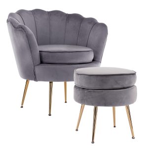 Shell Scallop Grey Armchair Accent Chair Velvet + Round Ottoman Footstool