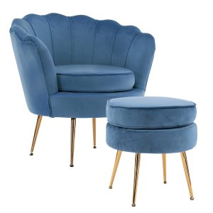 Shell Scallop Navy Blue Armchair Accent Chair Velvet + Round Ottoman Footstool