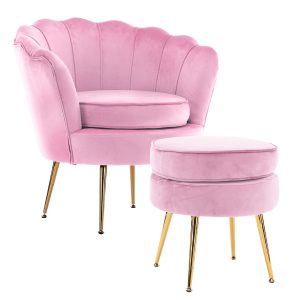 Shell Scallop Pink Armchair Accent Chair Velvet + Round Ottoman Footstool