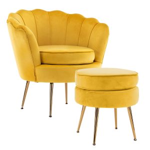 Shell Scallop Yellow Armchair Accent Chair Velvet + Round Ottoman Footstool