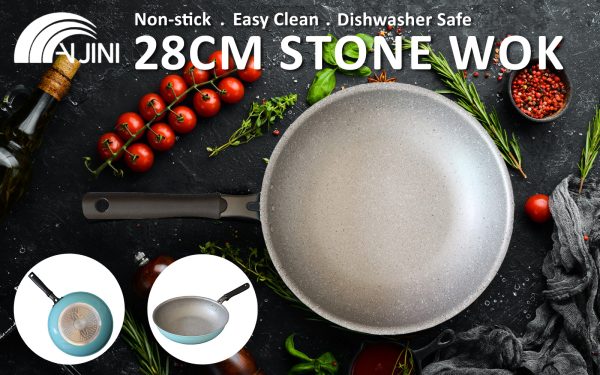 Round 28cm Pure Sky Blue Stone Wok Wokpan Non-Stick Induction Ceramic