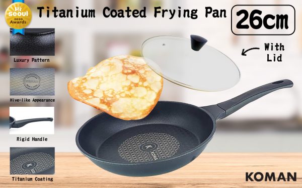 KOMAN 26cm Titanium Coating Frying Pan Non-Stick + Glass Lid