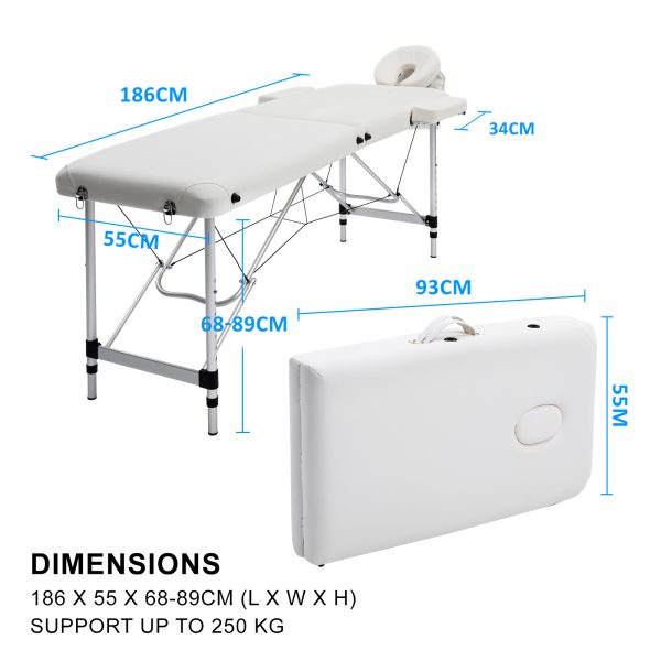 White Portable Beauty Massage Table Bed Therapy Waxing 2 Fold 55cm Aluminium