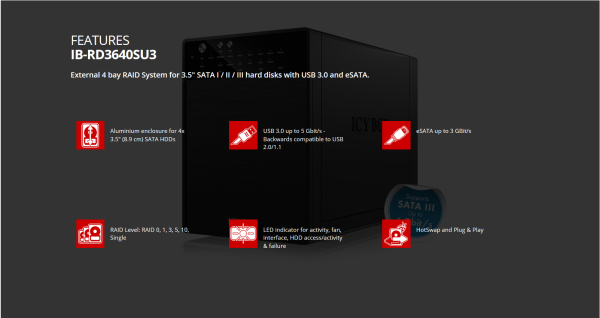 ICY BOX External 4 bay RAID System for 3.5″ SATA I / II / III hard disks with USB 3.0 and eSATA (IB-RD3640SU3)