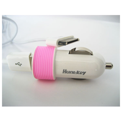 Huntkey Compact Car Charger for iPad & Smart Phone 5V 2.1A with MFI Cable – Pink (HKB01005021-0B)