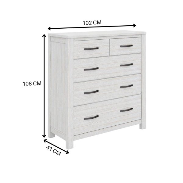 Foxglove Tallboy 5 Chest of Drawers Solid Ash Wood Bed Storage Cabinet – White