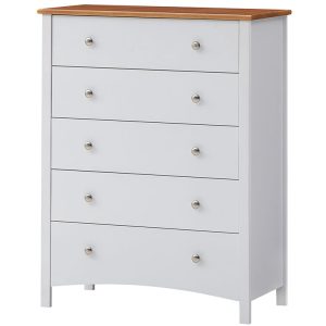 Brownwood Tallboy 5 Chest of Drawers Solid Rubber Wood Bed Storage Cabinet - White