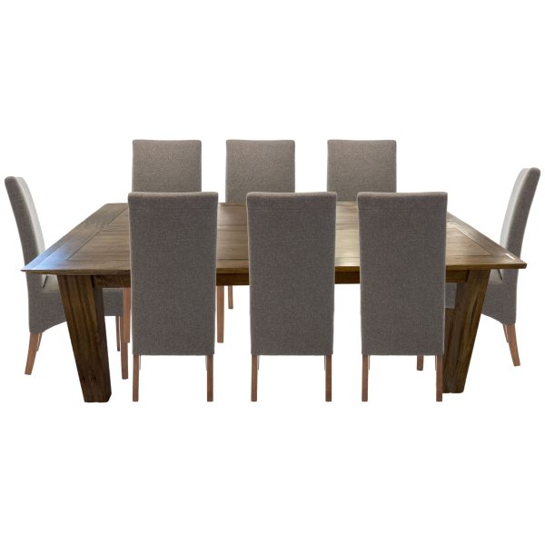 Aksa 9pc Dining Set 210-310cm Extension Timber Wood Table 8 Grey Fabric Chair