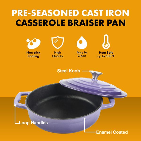 Enameled Cast Iron Cookware Casserole Braiser Pan, Round CastIron Skillet lid for Oven
