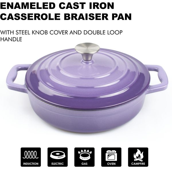 Enameled Cast Iron Cookware Casserole Braiser Pan, Round CastIron Skillet lid for Oven