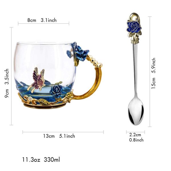 Hand Made Enamel daisy Flower Glass Coffee Mug Tea Cup Spoon Gift Idea