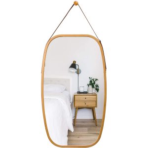 Full Length Bathroom Wall Mount Hanging Bamboo Frame Mirror Adjustable Strap Wall Mirror Home Decor