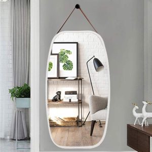 White Bathroom Wall Mount Hanging Bamboo Frame Mirror Adjustable Strap Wall Mirror Home Decor