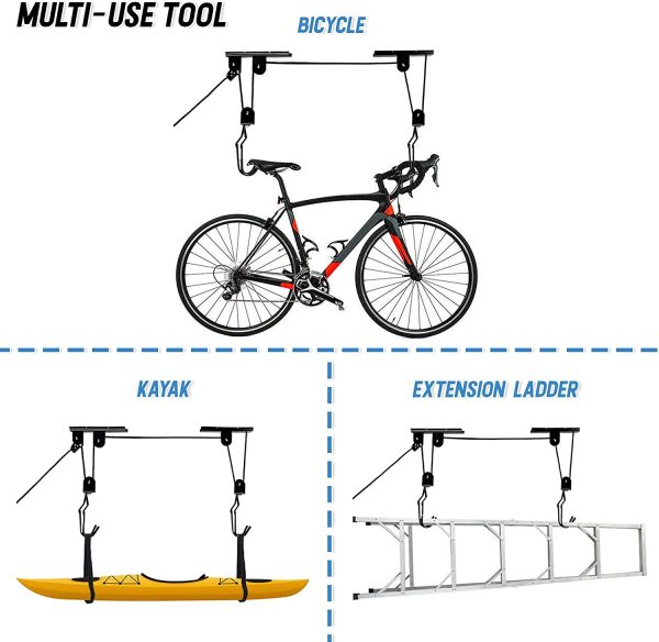 Kayak Bike Hoists Hanger Ladder Ceiling Mount 55 lb Capacity Hooks Pulleys