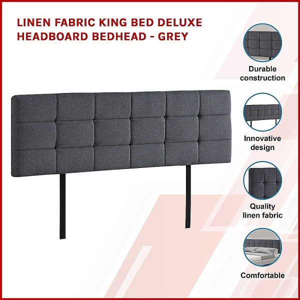 Linen Fabric King Bed Deluxe Headboard Bedhead – Grey