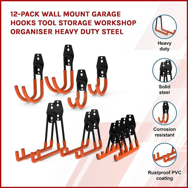 12-Pack Wall Mount Garage Hooks Tool Storage Workshop Organiser Heavy Duty Steel