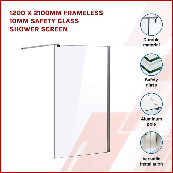 1200 x 2100mm Frameless 10mm Safety Glass Shower Screen