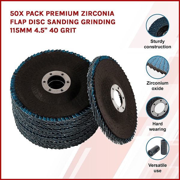50 x Pack Premium Zirconia Flap Disc Sanding Grinding 115mm 4.5″ 40 Grit