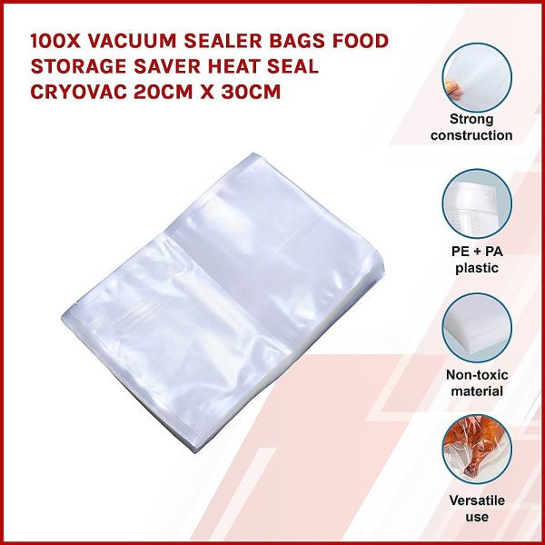 100 x Vacuum Sealer Bags Food Storage Saver Heat Seal Cryovac 20cm x 30cm