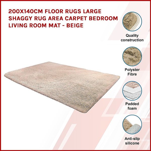 200x140cm Floor Rugs Large Shaggy Rug Area Carpet Bedroom Living Room Mat – Beige