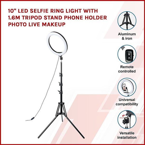 10″ LED Selfie Ring Light with 1.6M Tripod Stand Phone Holder Photo Live Makeup