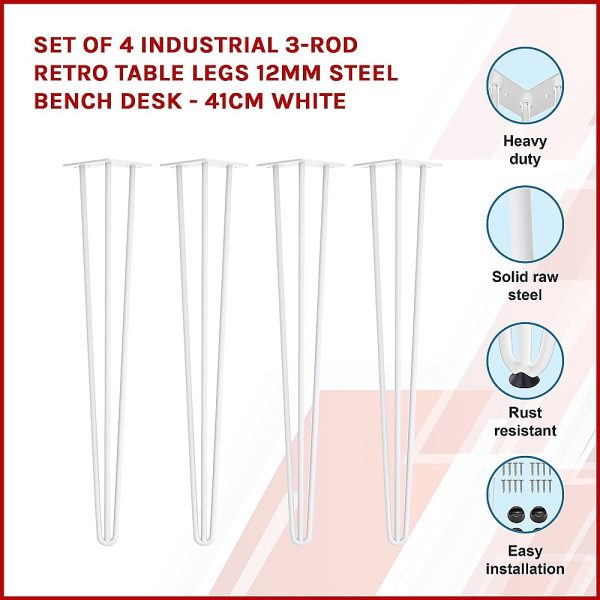 Set of 4 Industrial 3 – Rod Retro Table Legs 12mm Steel Bench Desk – 41cm White