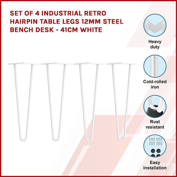 Set of 4 Industrial Retro Hairpin Table Legs 12mm Steel Bench Desk – 41cm White