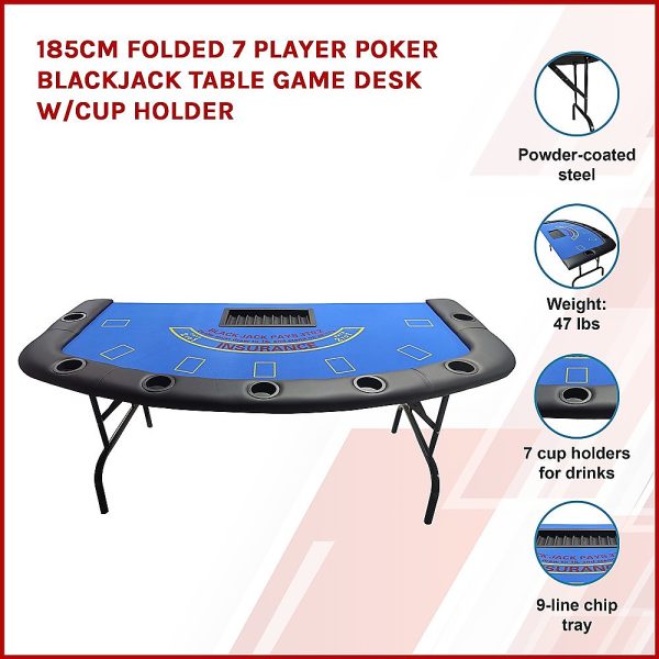 185cm Folded 7 Player Poker Blackjack Table Game Desk W/Cup Holder