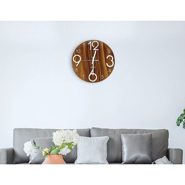 Glow In Dark Wall Clock Luminous Quartz Wooden Non Ticking Home Decor 12” 30cm