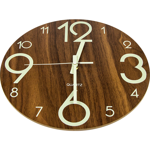 Glow In Dark Wall Clock Luminous Quartz Wooden Non Ticking Home Decor 12” 30cm