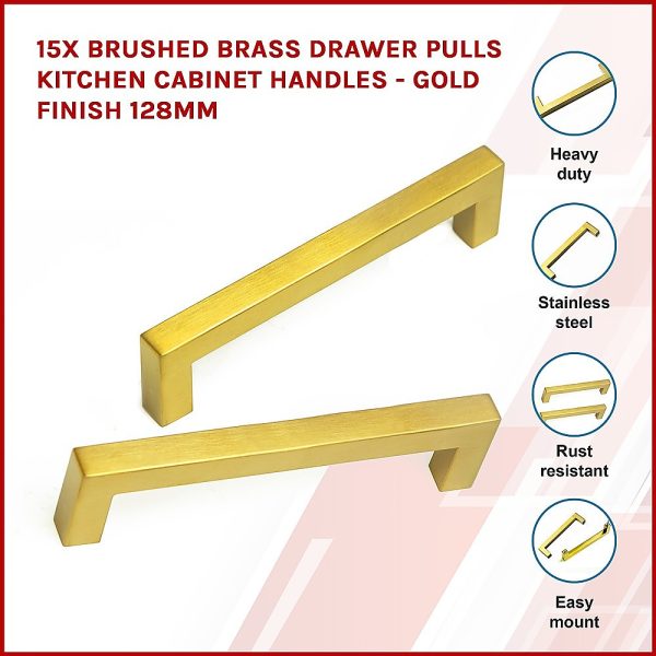15 x Brushed Brass Drawer Pulls Kitchen Cabinet Handles – Gold Finish 128mm