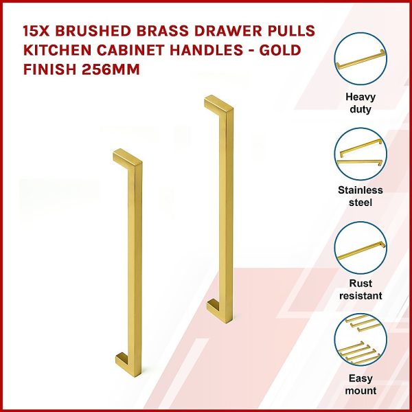 15 x Brushed Brass Drawer Pulls Kitchen Cabinet Handles – Gold Finish 256mm