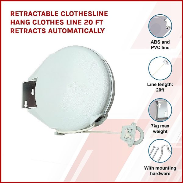 Retractable Clothesline Hang Clothes Line 20 Ft Retracts Automatically