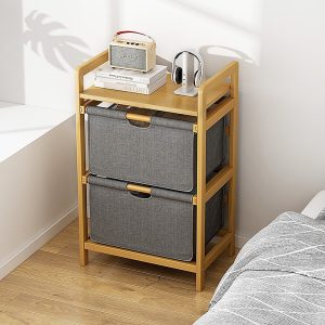 Bamboo Shelf with Storage Hamper - Wooden Bamboo Removable Bags.
