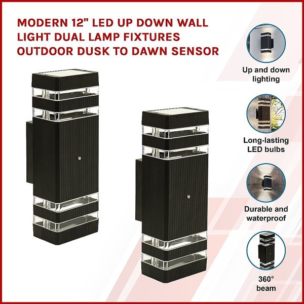Modern 12″ LED Up Down Wall Light dual Lamp Fixtures Outdoor Dusk to Dawn Sensor