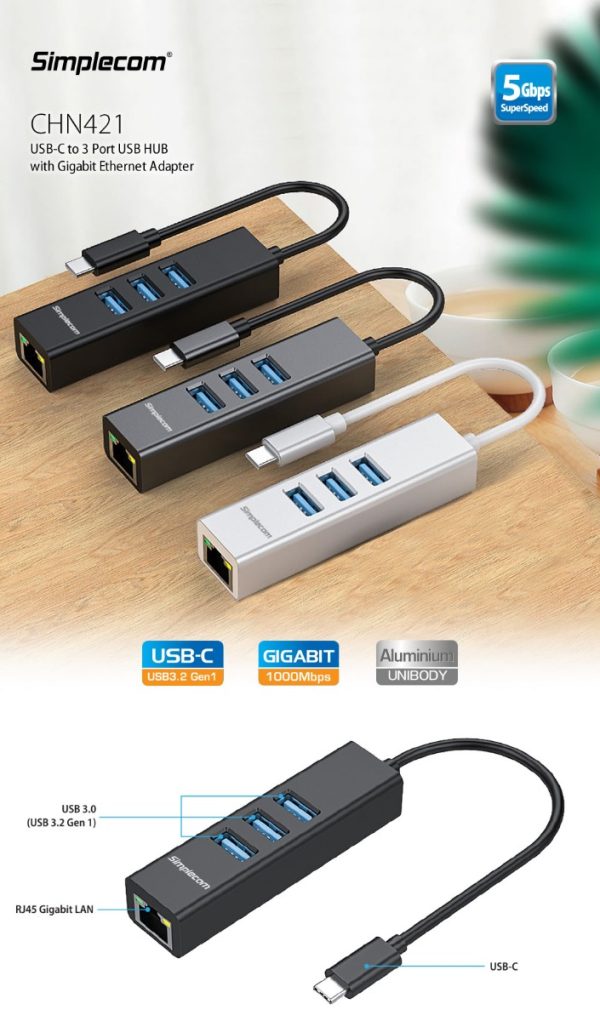 CHN421 Aluminium USB-C to 3 Port USB HUB with Gigabit Ethernet Adapter Silver