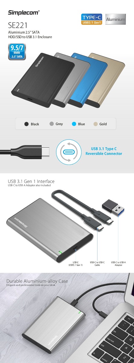 SE221 Aluminium 2.5” SATA HDD/SSD to USB 3.1 Enclosure Black