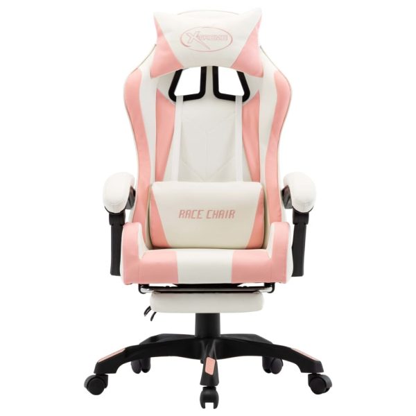 Racing Chair with Footrest Pink and White Faux Leather