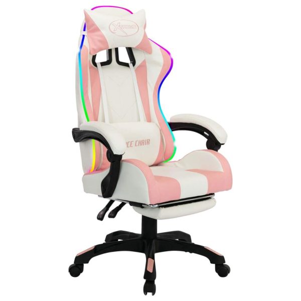 Racing Chair with RGB LED Lights Pink and White Faux Leather