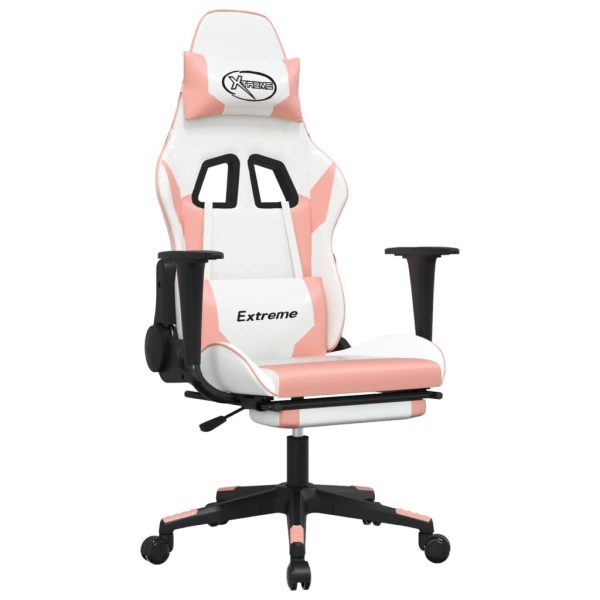 Gaming Chair with Footrest White and Pink Faux Leather