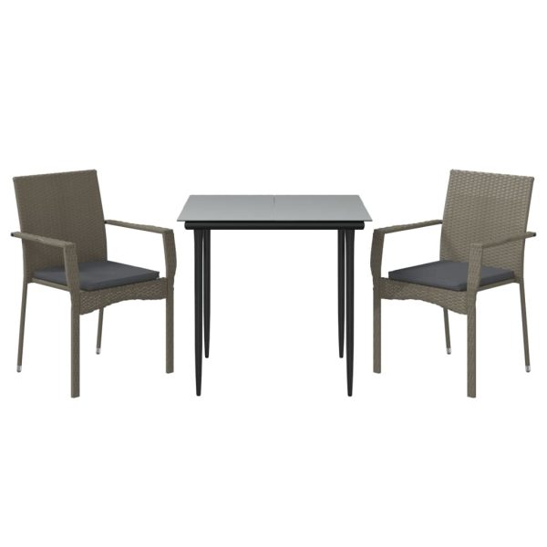 3 Piece Garden Dining Set with Cushions Black and Grey Poly Rattan