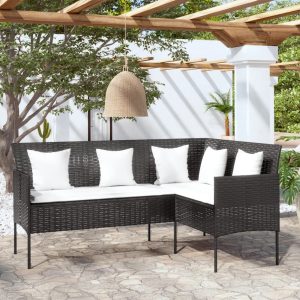 L-shaped Couch Sofa with Cushions Poly Rattan