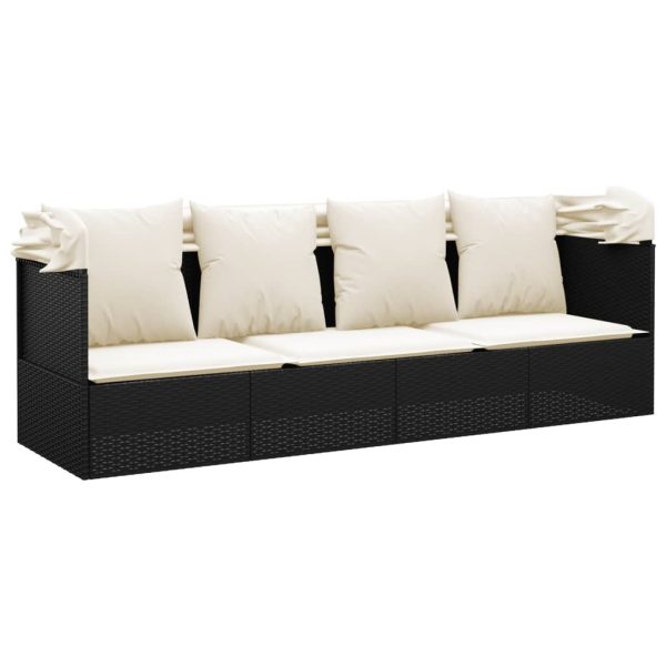 Outdoor Lounge Bed with Roof and Cushions Black Poly Rattan